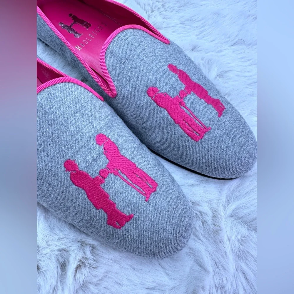 Hadleigh’s Audrey‎ Linen Loafer embroidered flats 38 US 8 Pink smoking slipper